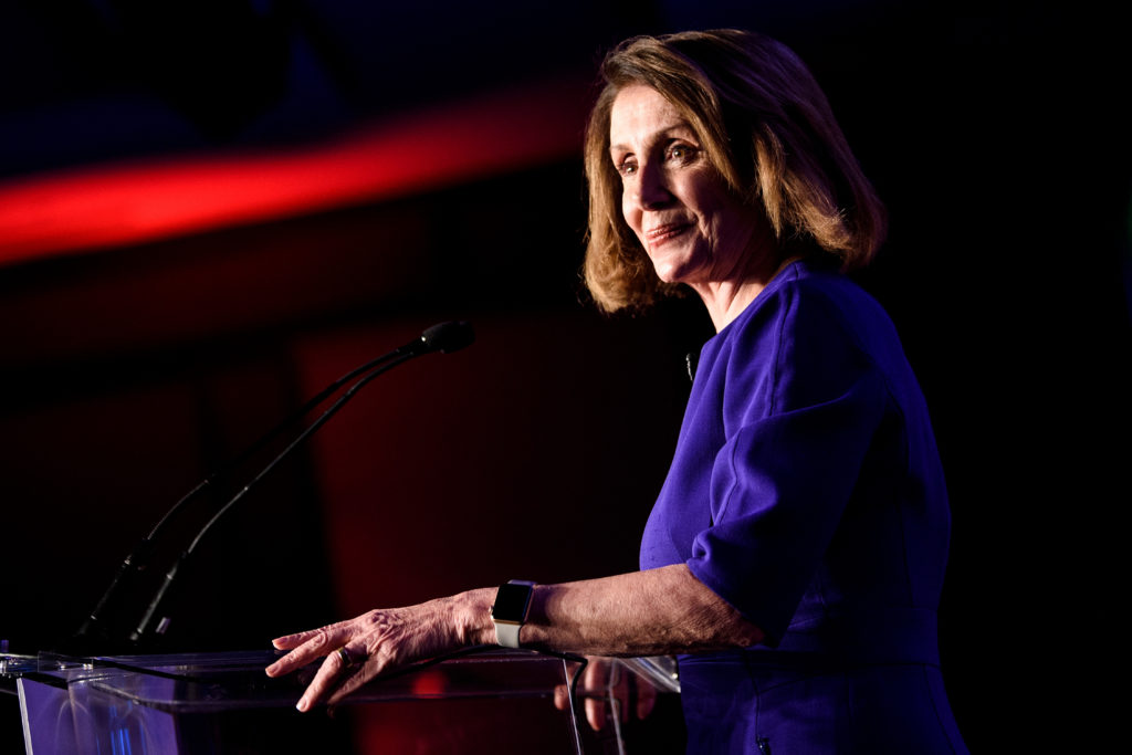 House Minority Leader Nancy Pelosi (D-CA) pauses while speaking during a midterm election night party hosted by the Democratic Congressional Campaign Committee November 6, 2018 in Washington, DC. (Photo by Brendan Smialowski / AFP) (Photo credit should read BRENDAN SMIALOWSKI/AFP/Getty Images)